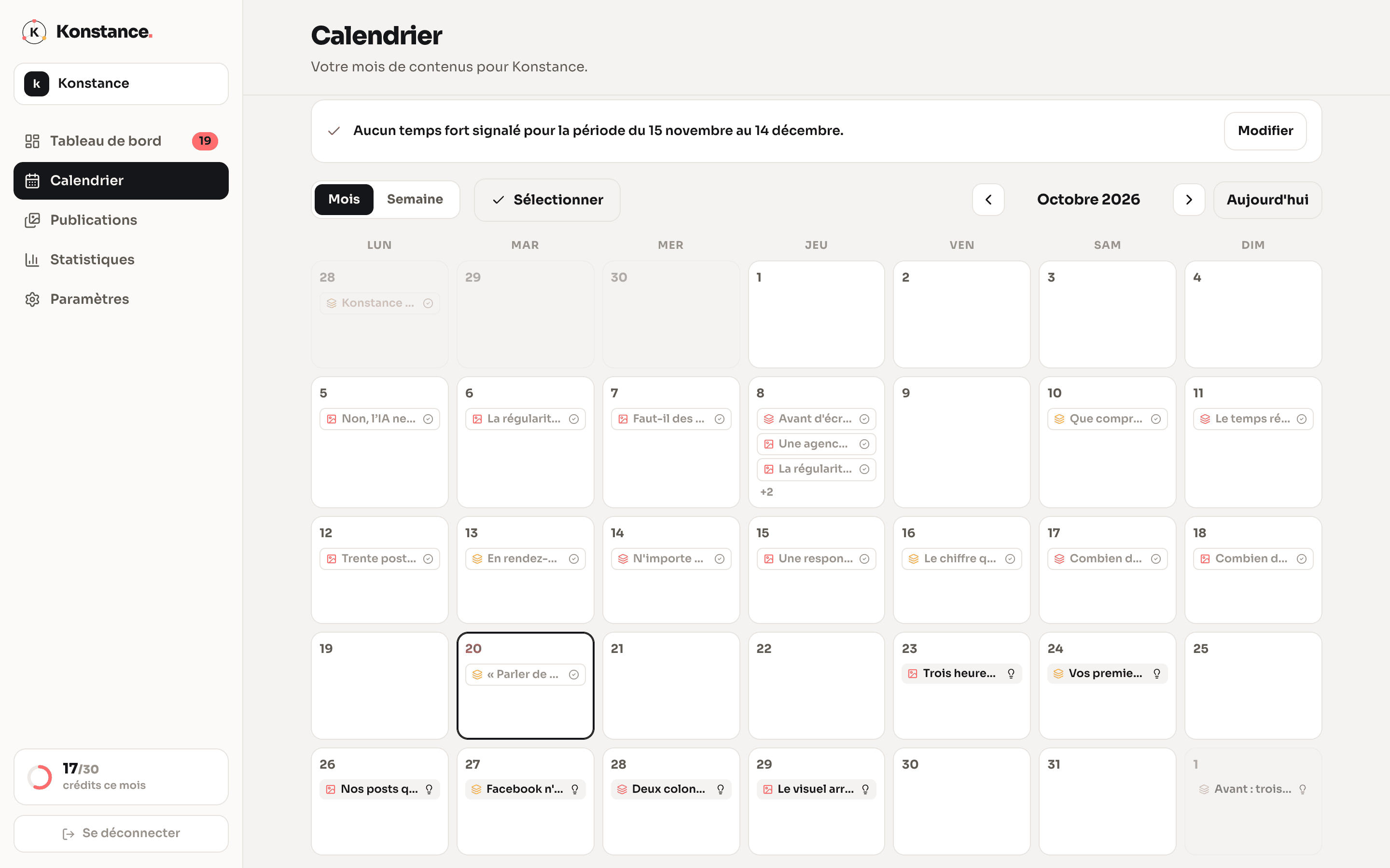 Le calendrier du mois dans l'app Konstance, avec les idées et les posts programmés